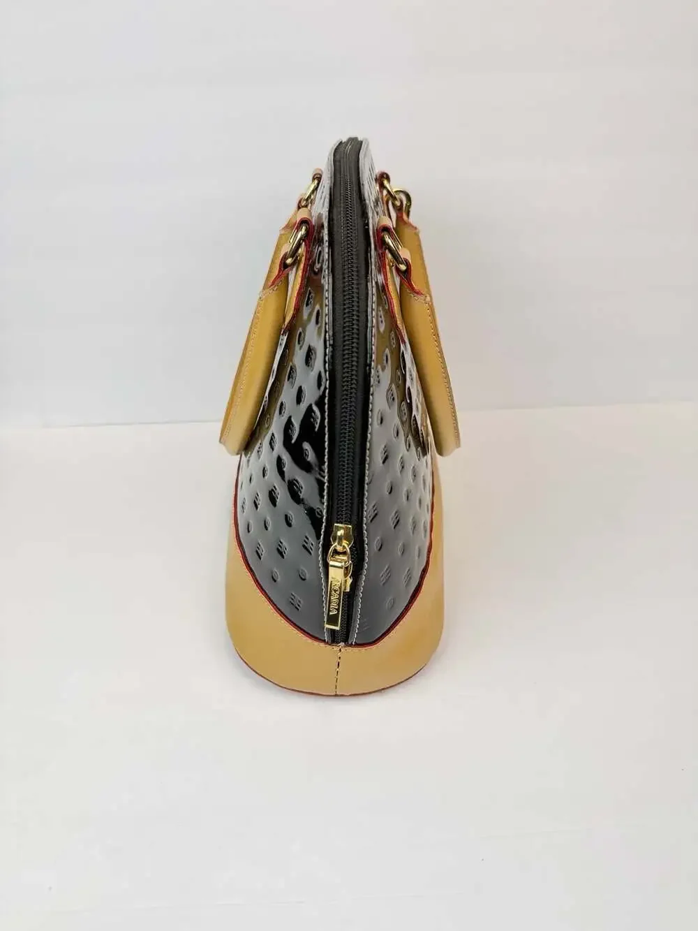 Arcadia Italian Dome Satchel Handbag in Black Patent Leather with Beige Trim